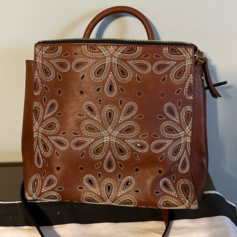 Fossil Convertible Backpack Brown Leather with Multi-Color Flowers